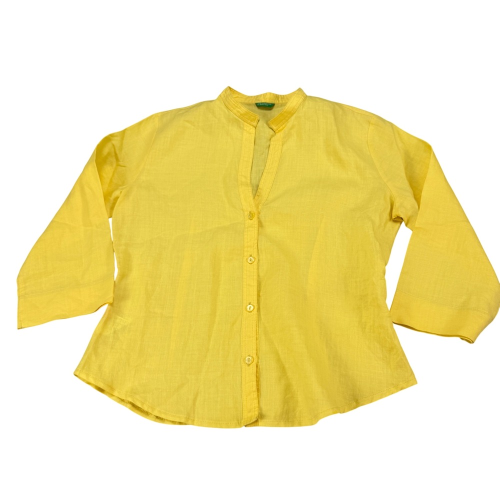 United Colors of Benetton Yellow Ramie 3/4‎ Sleeve Mandarin Collar Blouse Top